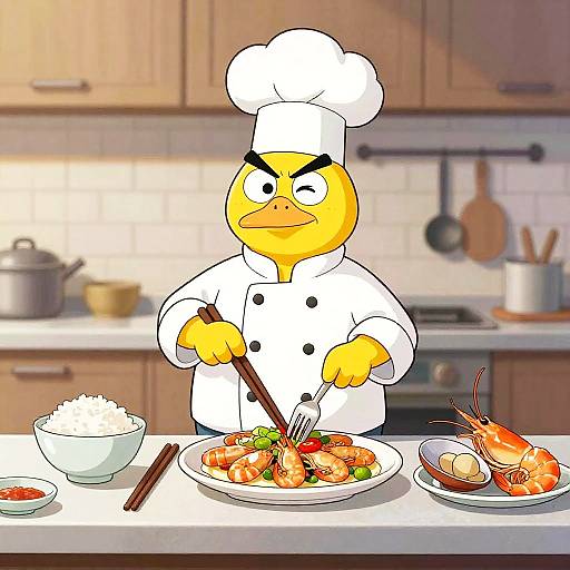 Cartoon Chef Crane Preparing Seafood