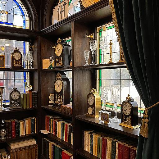 Photograph of a dimly lit, vintage library with dark wooden bookshelves, antique clocks, crystal glasses, stained glass windows, and heavy blue