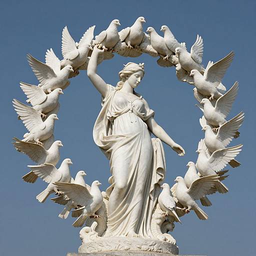 Photograph of a white marble statue of a robed female figure with raised arm, surrounded by 12 white pigeons in a circular formation against a