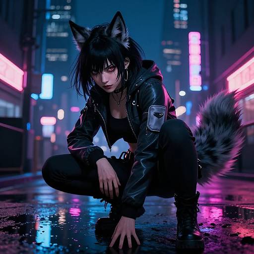 Cyberpunk night scene: Dark-haired, cat-eared woman with black leather jacket and furry tail, crouching on wet street, neon lights