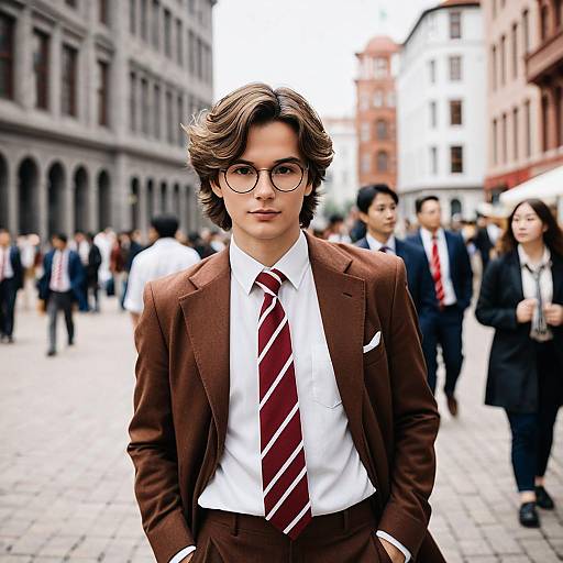 Young man in brown suit with round glasses in urban setting