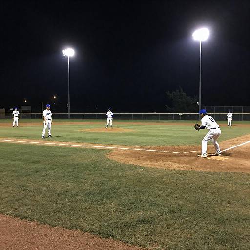 Nighttime Baseball Game on Grass Field