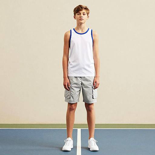Photograph of a young, Caucasian boy with short brown hair, wearing a white tank top with blue trim, gray shorts, and white sneakers, standing