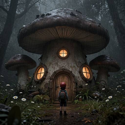 Digital fantasy artwork: A small child in a red hat and backpack stands before a whimsical, mushroom-shaped house with glowing windows in a misty,