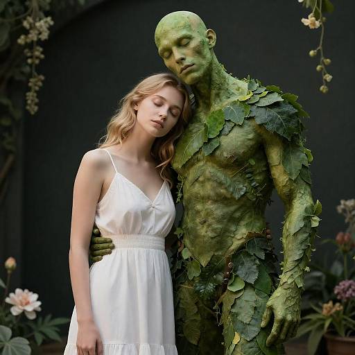 Young Woman with Leafy Green Humanoid