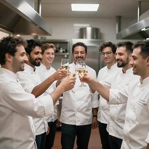 Chefs Toasting in Bright Kitchen