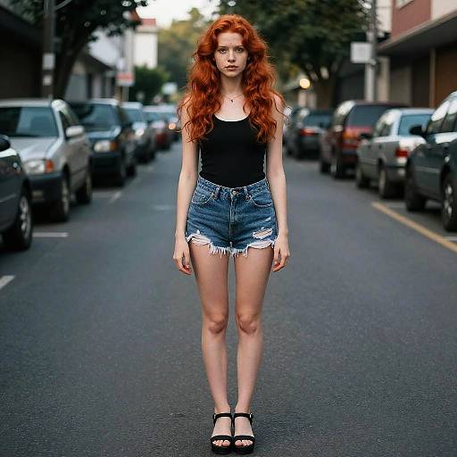Photograph of a tall, fair-skinned woman with long red hair, wearing a black tank top, frayed denim shorts, and black sandals,