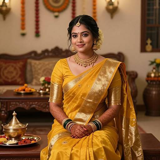 Joyful Bride-to-Be in Saffron Saree