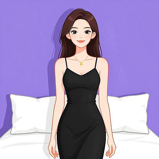 Digital anime-style drawing of a smiling woman with long brown hair, wearing a black spaghetti strap dress, standing against a purple wall with white pillows behind her