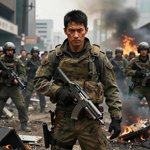 Photograph of intense urban battle scene: focused Asian male soldier with short black hair, holding assault rifle, surrounded by fellow soldiers, amidst burning debris and