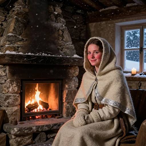 Photograph of a smiling woman in a beige, hooded wool cloak, seated by a roaring stone fireplace, snow outside a window.