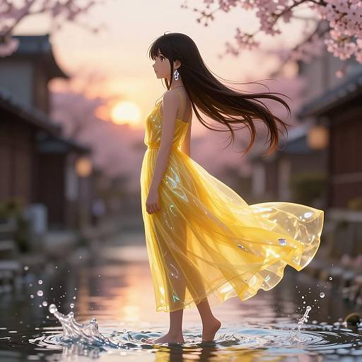Anime-style digital artwork of a long-haired woman in a flowing yellow dress walking barefoot through a sunlit, cherry blossom-filled waterway.