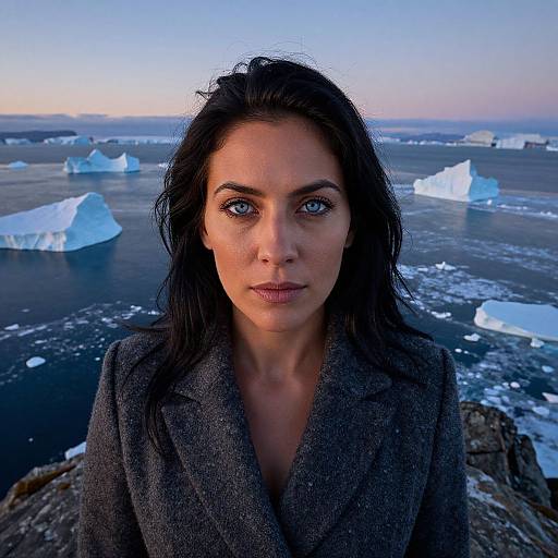 Photograph of a woman with striking blue eyes, long black hair, wearing a gray coat, standing on icy terrain with floating icebergs in a