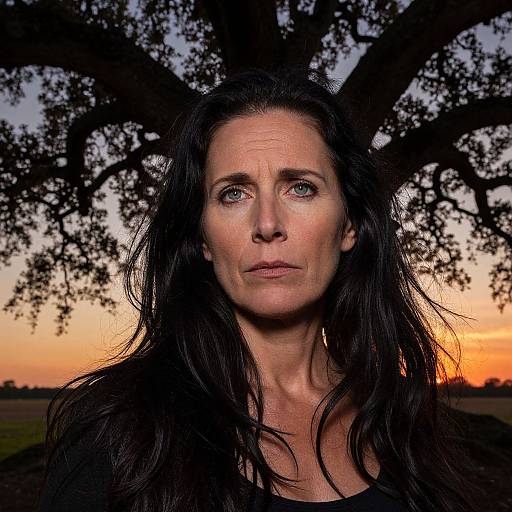 Photograph of a serious, middle-aged woman with long black hair, blue eyes, and fair skin, standing against a sunset background with a large tree