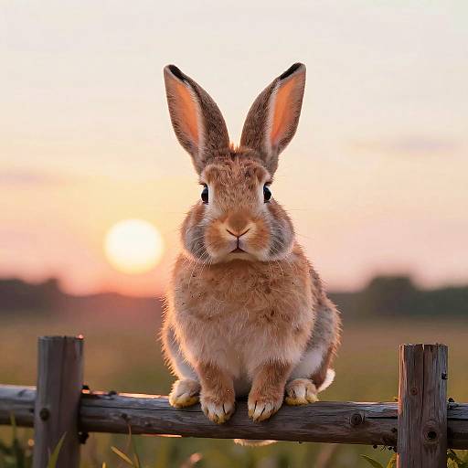 Photograph of a brown rabbit with upright ears, sitting on a wooden fence at sunset, with a warm, orange-pink sky in the background.