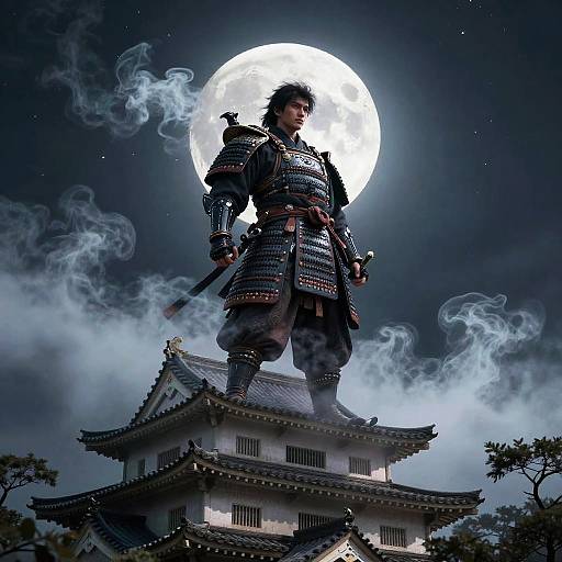 Digital artwork of a samurai in full armor standing on a traditional Japanese roof under a bright full moon, surrounded by mist.