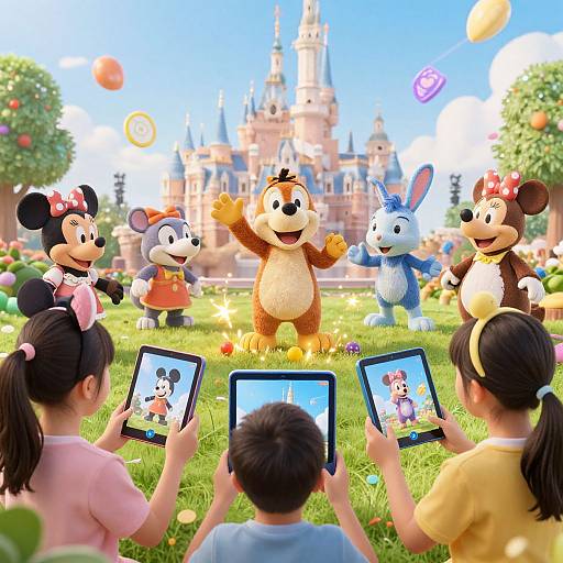 CGI image of children with tablets watching Mickey Mouse characters dancing in front of a Disney castle, colorful balloons floating above.