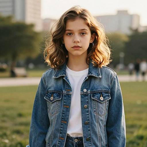 Photograph of a young girl with wavy brown hair, wearing a blue denim jacket over a white shirt, standing in a sunlit park with blurred