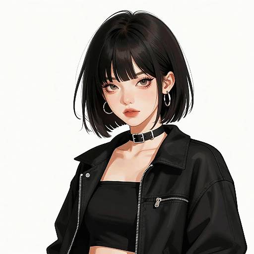 Digital anime-style portrait of a pale-skinned, black-haired woman with a bob cut, wearing a black choker, hoop earrings, and a black