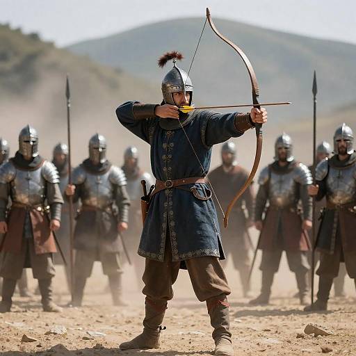 Medieval Archer with Armored Soldiers on Battlefield