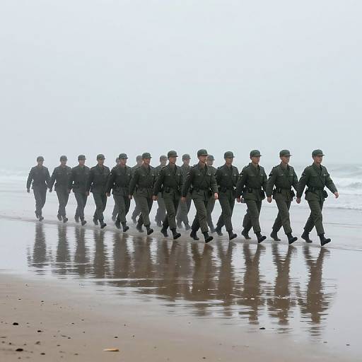 Photograph of a line of uniformed soldiers in black gear walking along a wet, reflective beach with a bright, overexposed sky.