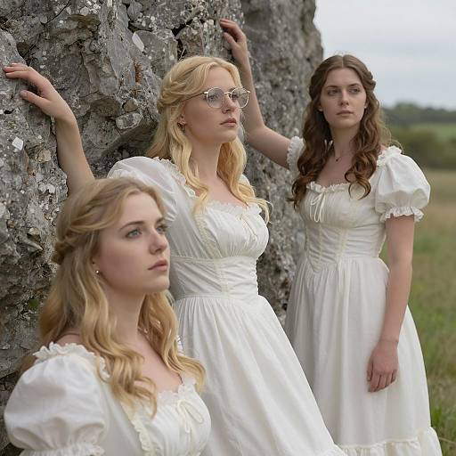 Three Women in Victorian White Dresses Outdoors