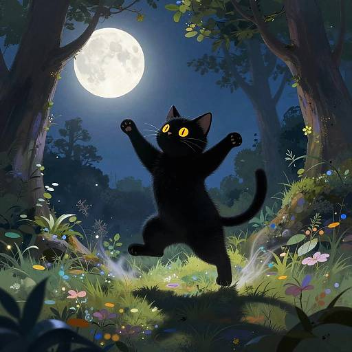 Dancing Black Cat Under Full Moon