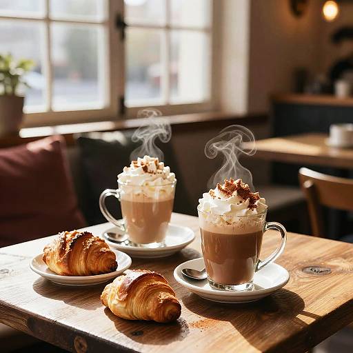Photograph of a sunlit cafe table with two steaming hot chocolate cups topped with whipped cream and chocolate shavings, accompanied by two croissants