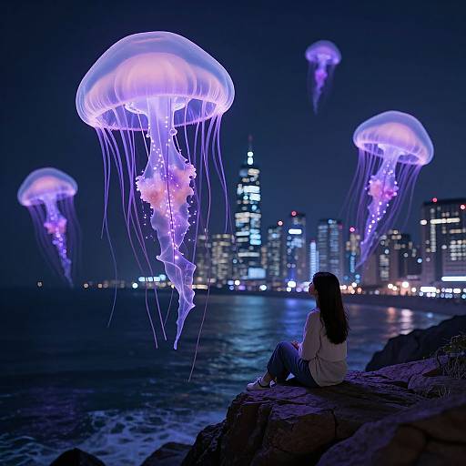 Photograph of a woman with long brown hair sitting on a rock, gazing at glowing purple jellyfish in a nighttime city skyline.