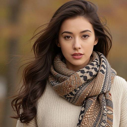 Photograph of a beautiful young woman with long, dark hair, light brown eyes, and olive skin, wearing a cream sweater and patterned scarf,