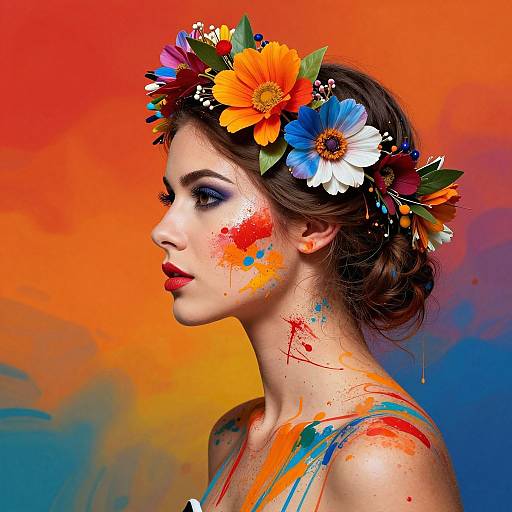 Digital portrait of a woman with floral crown, vibrant orange-blue-yellow background, painted face and clothes, side profile, colorful flowers.