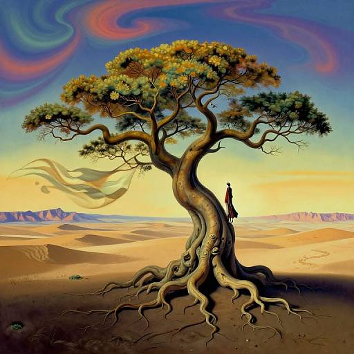 Digital painting of a surreal desert landscape with a twisted, leafy tree, winding roots, and a small silhouette figure standing beneath. Swirled blue