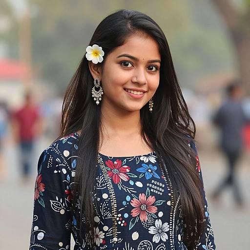 Photograph of a smiling young Indian woman with long black hair, wearing a floral black kurta, white flower in hair, and ornate earrings,
