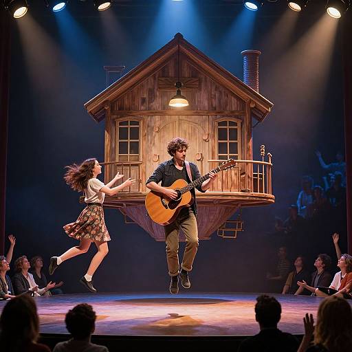 Photograph of a musical theater performance featuring a man playing a guitar and a woman dancing around a floating wooden house set. Stage lights illuminate the scene,