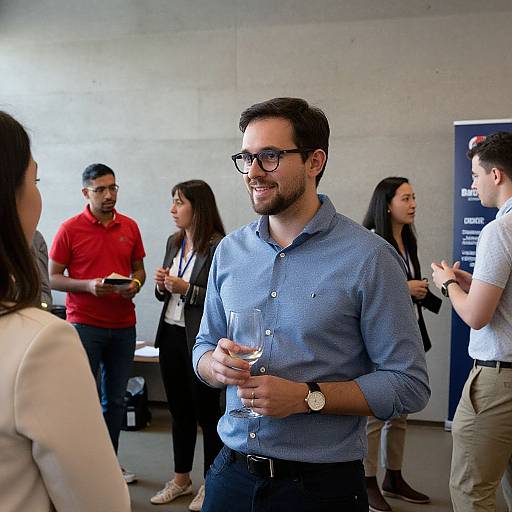 Photograph of a casual office social event: bearded man in blue shirt and glasses, holding glass, smiling, surrounded by colleagues in modern attire,