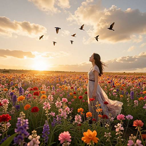 Photograph of a woman in a flowing white dress standing in a vibrant, colorful flower field at sunset, with birds flying overhead.
