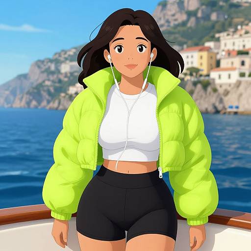 Digital anime-style drawing of a smiling woman with tan skin, black hair, wearing a neon green jacket, white crop top, and black shorts, listening