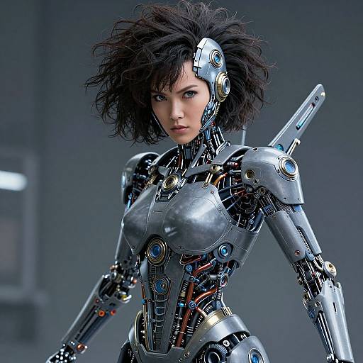 Photorealistic CGI of a fierce, cybernetic woman with black, messy hair, wearing a metallic, robotic suit with intricate blue and silver details