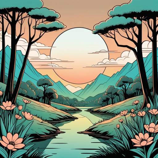 Stylized Mountain River Landscape at Sunrise