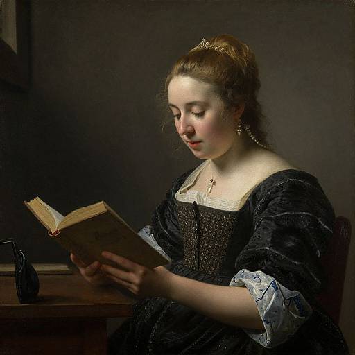 Baroque-style painting of a fair-skinned woman with brown hair in an updo, wearing a black dress and gold tiara, reading a book
