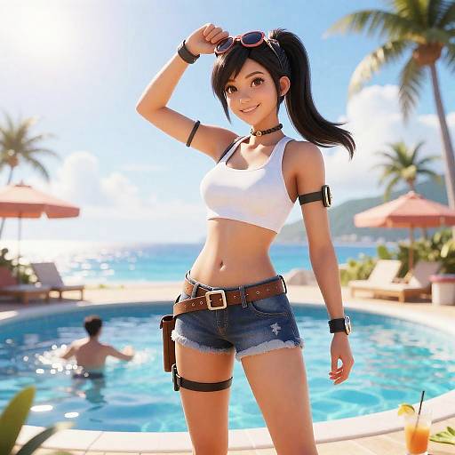 Young woman enjoying poolside at Caribbean beach