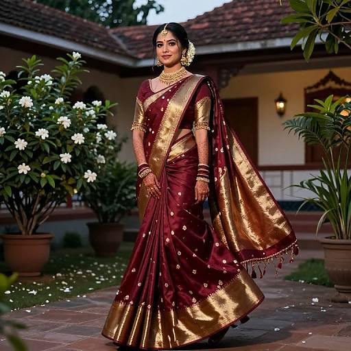Indian woman in maroon and gold traditional saree with gold jewelry, standing in a garden courtyard with white flowers and potted plants. Photograph.