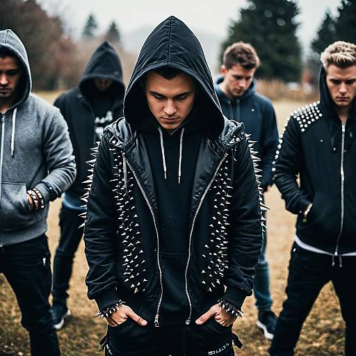Group of Young Men Wearing Spiked Hoodies Outdoors