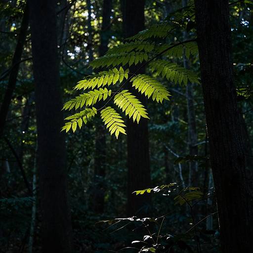 Photograph of glowing green leaf branches in a dark, dense forest; sunlight filters through, highlighting the delicate fern-like leaves.