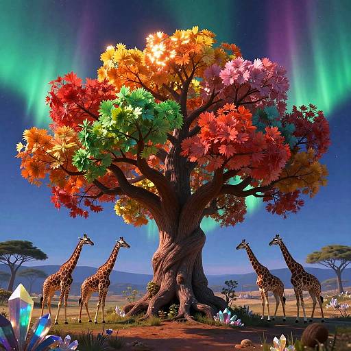 Digital artwork of a vibrant, multicolored tree with glowing leaves, surrounded by giraffes under a northern lights sky in a savanna.