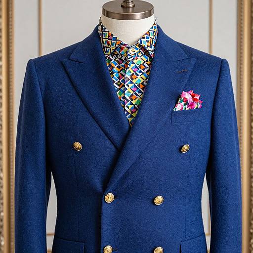 Photograph of a blue double-breasted suit with gold buttons, colorful geometric-patterned shirt, and pink floral pocket square on a mannequin.