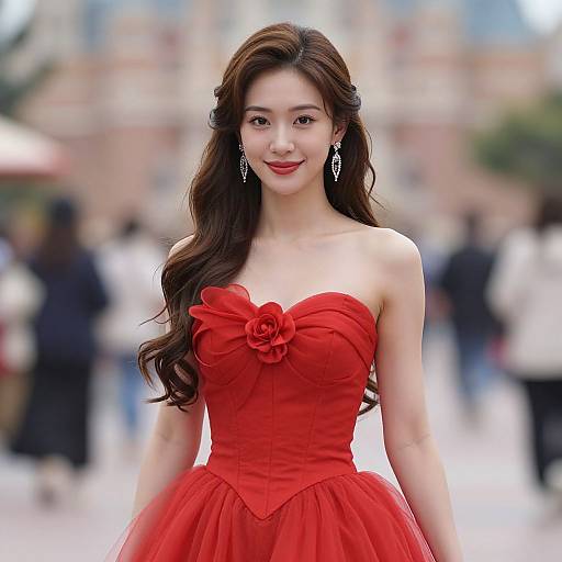 Photograph of an Asian woman with long, wavy brown hair, wearing a strapless, red, rose-embellished gown, standing in