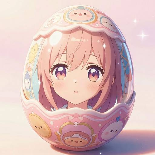 Anime-style digital drawing of a young girl with large, sparkling purple eyes, wearing a pink, patterned hood with cute bear faces.