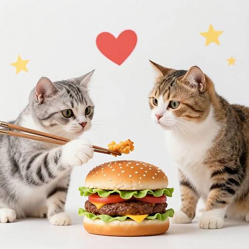 Playful Cats Sharing Colorful Hamburger