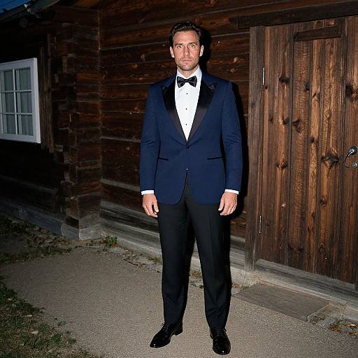 Photograph of a bearded man in a black tuxedo with a black bow tie, standing in front of a wooden cabin at night.